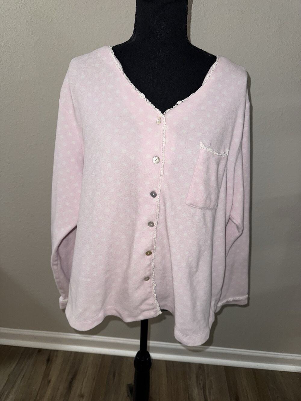 Eileen West 2X Pink Polka Dot Fleece Pajama Top Lace Trim Button Up Sleepwear